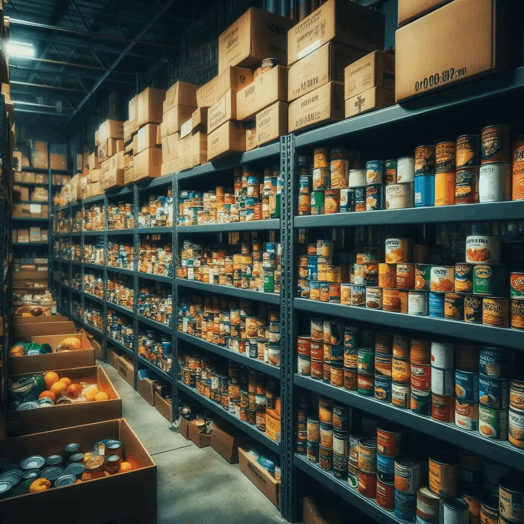 Well-stocked pantry shelves at the Mulliken Area Food Pantry