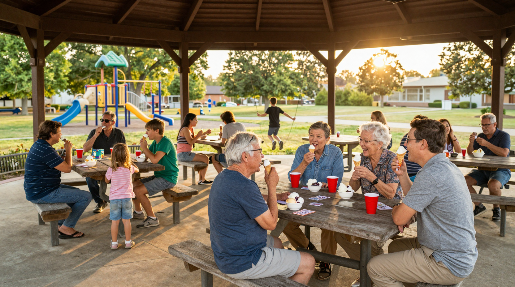 Ice cream social at the park pavilion on a summer evening